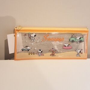Snoopy Peanuts Mesh Zipper Cosmetic Bag Pencil Pouch, Orange , NEW